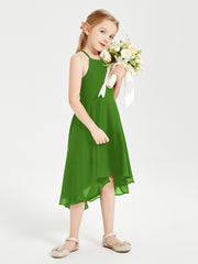 Trendy Tea Length Junior Bridesmaid Dresses Asymmetrical Skirt Moss