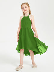 Trendy Tea Length Junior Bridesmaid Dresses Asymmetrical Skirt Moss