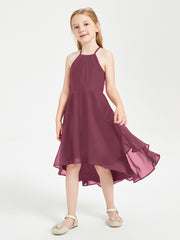 Trendy Tea Length Junior Bridesmaid Dresses Asymmetrical Skirt Mulberry
