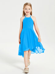 Trendy Tea Length Junior Bridesmaid Dresses Asymmetrical Skirt Ocean Blue