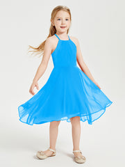 Trendy Tea Length Junior Bridesmaid Dresses Asymmetrical Skirt Ocean Blue