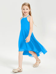 Trendy Tea Length Junior Bridesmaid Dresses Asymmetrical Skirt Ocean Blue