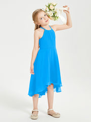 Trendy Tea Length Junior Bridesmaid Dresses Asymmetrical Skirt Ocean Blue