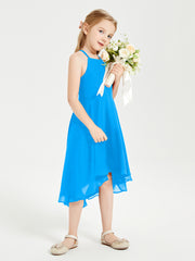 Trendy Tea Length Junior Bridesmaid Dresses Asymmetrical Skirt Ocean Blue