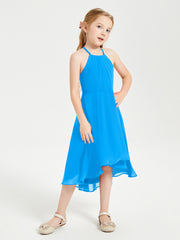 Trendy Tea Length Junior Bridesmaid Dresses Asymmetrical Skirt Ocean Blue