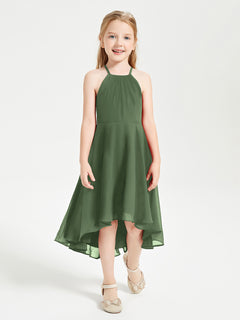 Trendy Tea Length Junior Bridesmaid Dresses Asymmetrical Skirt Olive Green