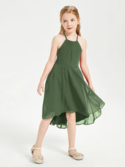 Trendy Tea Length Junior Bridesmaid Dresses Asymmetrical Skirt Olive Green