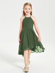 Trendy Tea Length Junior Bridesmaid Dresses Asymmetrical Skirt Olive Green