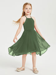Trendy Tea Length Junior Bridesmaid Dresses Asymmetrical Skirt Olive Green