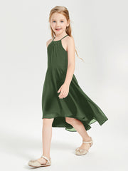 Trendy Tea Length Junior Bridesmaid Dresses Asymmetrical Skirt Olive Green