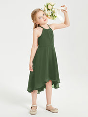 Trendy Tea Length Junior Bridesmaid Dresses Asymmetrical Skirt Olive Green