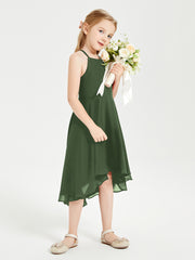 Trendy Tea Length Junior Bridesmaid Dresses Asymmetrical Skirt Olive Green
