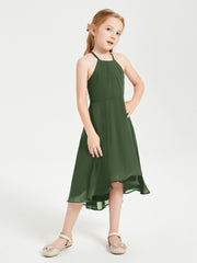 Trendy Tea Length Junior Bridesmaid Dresses Asymmetrical Skirt Olive Green