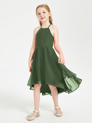 Trendy Tea Length Junior Bridesmaid Dresses Asymmetrical Skirt Olive Green
