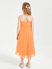 Trendy Tea Length Junior Bridesmaid Dresses Asymmetrical Skirt Orange