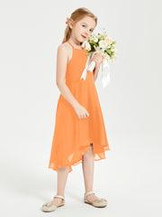 Trendy Tea Length Junior Bridesmaid Dresses Asymmetrical Skirt Orange