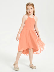 Trendy Tea Length Junior Bridesmaid Dresses Asymmetrical Skirt Papaya