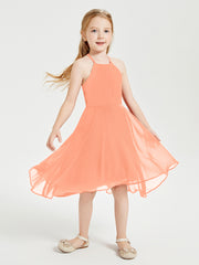 Trendy Tea Length Junior Bridesmaid Dresses Asymmetrical Skirt Papaya