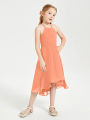 Trendy Tea Length Junior Bridesmaid Dresses Asymmetrical Skirt Papaya