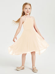 Trendy Tea Length Junior Bridesmaid Dresses Asymmetrical Skirt Peach