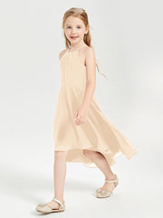 Trendy Tea Length Junior Bridesmaid Dresses Asymmetrical Skirt Peach
