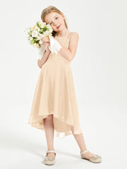 Trendy Tea Length Junior Bridesmaid Dresses Asymmetrical Skirt Peach