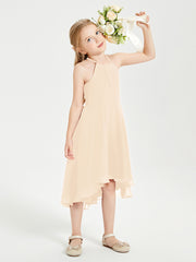 Trendy Tea Length Junior Bridesmaid Dresses Asymmetrical Skirt Peach