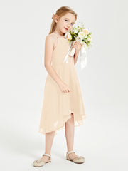 Trendy Tea Length Junior Bridesmaid Dresses Asymmetrical Skirt Peach