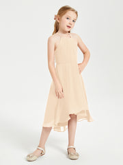 Trendy Tea Length Junior Bridesmaid Dresses Asymmetrical Skirt Peach