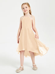 Trendy Tea Length Junior Bridesmaid Dresses Asymmetrical Skirt Peach