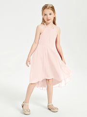 Trendy Tea Length Junior Bridesmaid Dresses Asymmetrical Skirt Pearl Pink