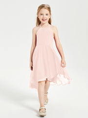 Trendy Tea Length Junior Bridesmaid Dresses Asymmetrical Skirt Pearl Pink