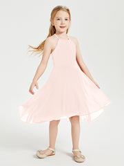 Trendy Tea Length Junior Bridesmaid Dresses Asymmetrical Skirt Pearl Pink