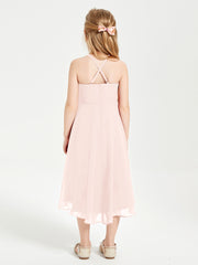 Trendy Tea Length Junior Bridesmaid Dresses Asymmetrical Skirt Pearl Pink