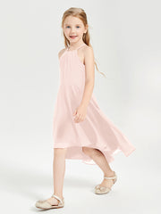 Trendy Tea Length Junior Bridesmaid Dresses Asymmetrical Skirt Pearl Pink