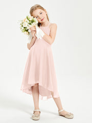 Trendy Tea Length Junior Bridesmaid Dresses Asymmetrical Skirt Pearl Pink