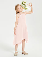 Trendy Tea Length Junior Bridesmaid Dresses Asymmetrical Skirt Pearl Pink