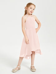 Trendy Tea Length Junior Bridesmaid Dresses Asymmetrical Skirt Pearl Pink