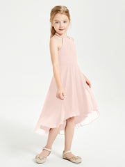 Trendy Tea Length Junior Bridesmaid Dresses Asymmetrical Skirt Pearl Pink