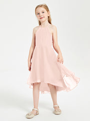 Trendy Tea Length Junior Bridesmaid Dresses Asymmetrical Skirt Pearl Pink