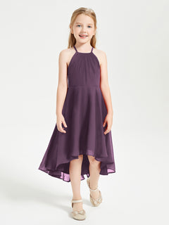 Trendy Tea Length Junior Bridesmaid Dresses Asymmetrical Skirt Plum