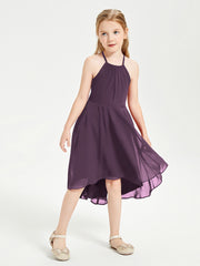 Trendy Tea Length Junior Bridesmaid Dresses Asymmetrical Skirt Plum