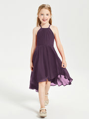 Trendy Tea Length Junior Bridesmaid Dresses Asymmetrical Skirt Plum