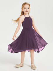Trendy Tea Length Junior Bridesmaid Dresses Asymmetrical Skirt Plum