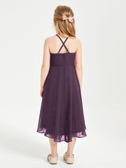 Trendy Tea Length Junior Bridesmaid Dresses Asymmetrical Skirt Plum
