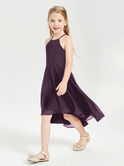 Trendy Tea Length Junior Bridesmaid Dresses Asymmetrical Skirt Plum