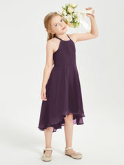 Trendy Tea Length Junior Bridesmaid Dresses Asymmetrical Skirt Plum