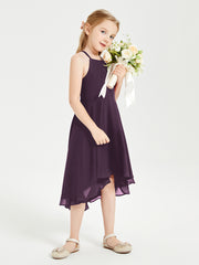 Trendy Tea Length Junior Bridesmaid Dresses Asymmetrical Skirt Plum