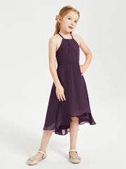 Trendy Tea Length Junior Bridesmaid Dresses Asymmetrical Skirt Plum
