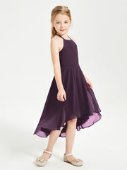 Trendy Tea Length Junior Bridesmaid Dresses Asymmetrical Skirt Plum